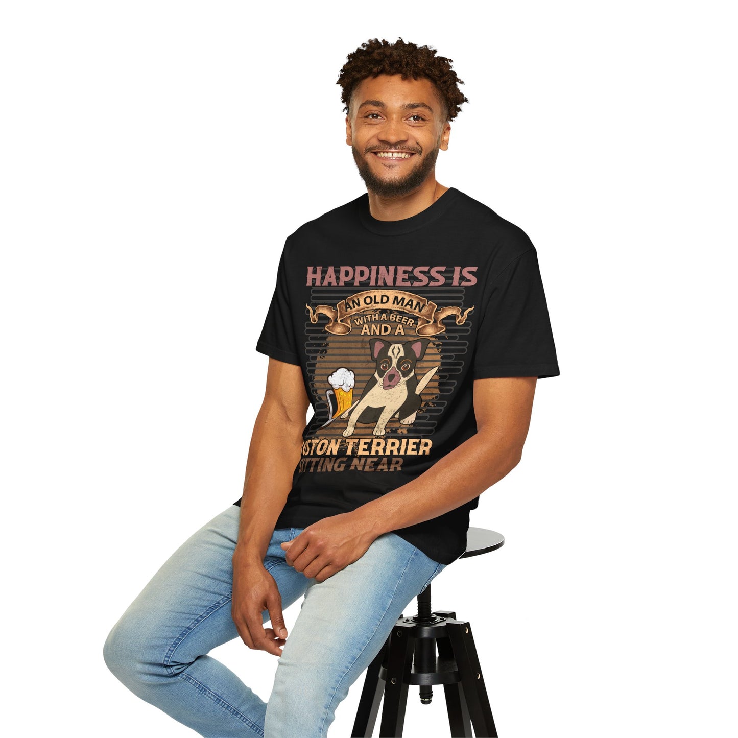 Happiness Is An Old Man With A Beer Boston Terrier Funny Dog Lover Shirt