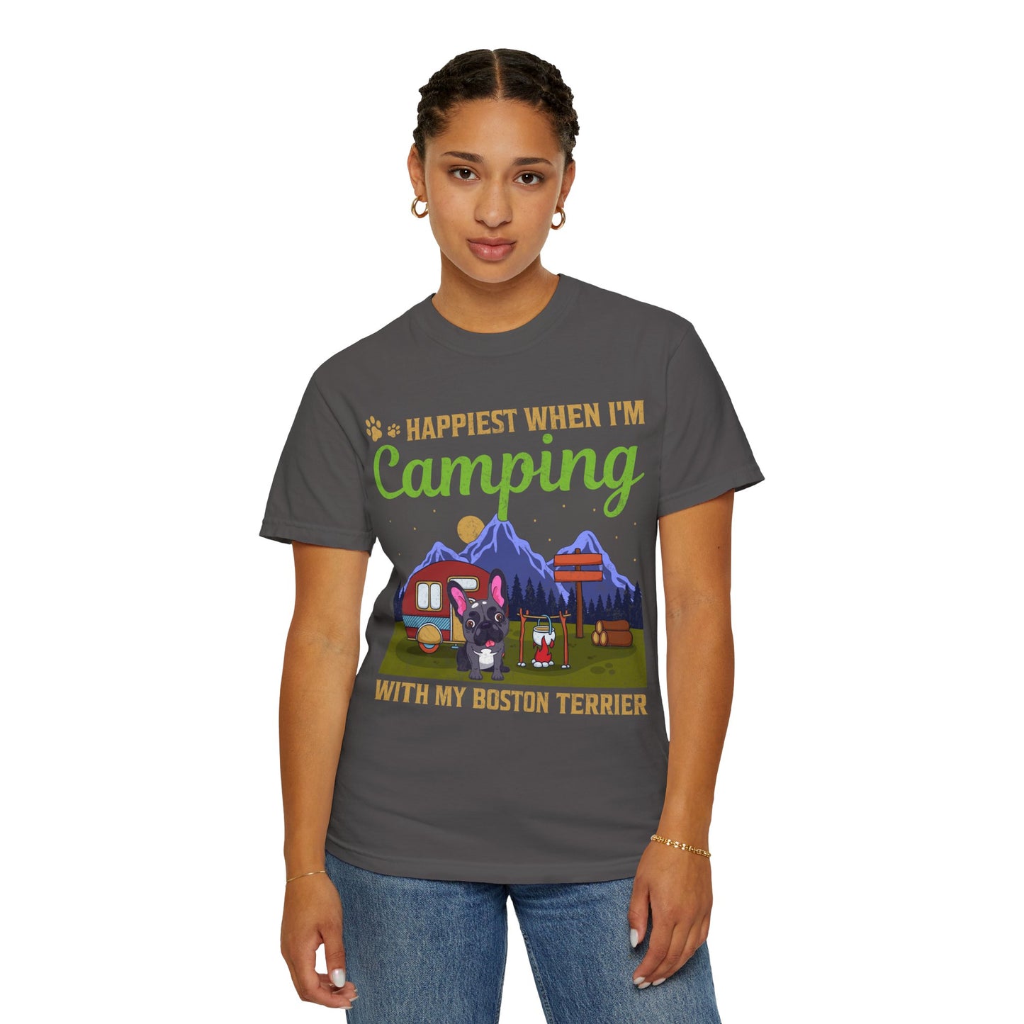 Happiest When I Am Camping With My Boston Terrier Funny Dog Lover Unisex T-Shirt