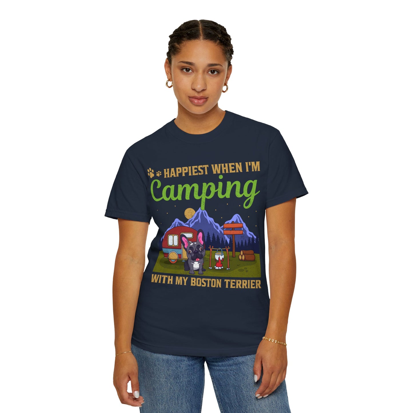 Happiest When I Am Camping With My Boston Terrier Funny Dog Lover Unisex T-Shirt