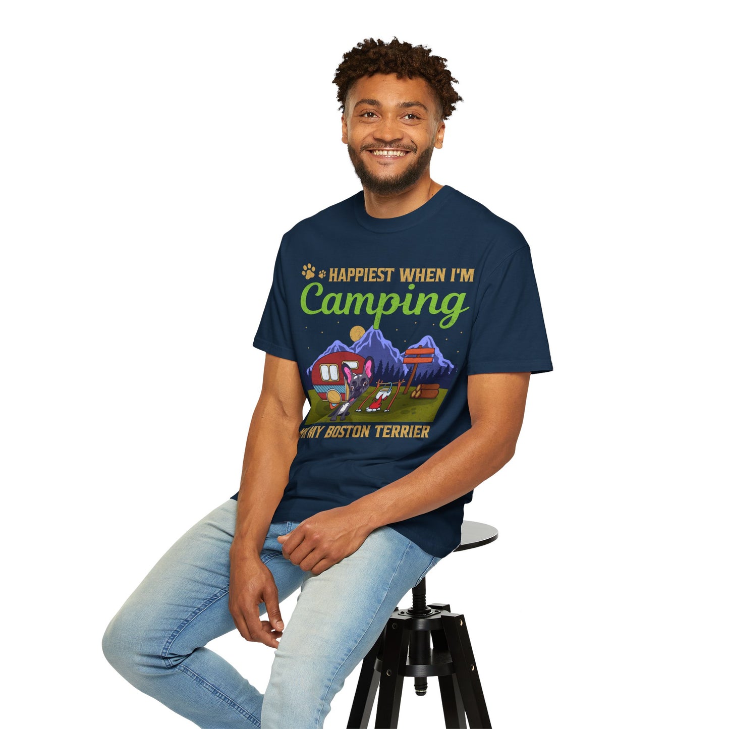Happiest When I Am Camping With My Boston Terrier Funny Dog Lover Unisex T-Shirt