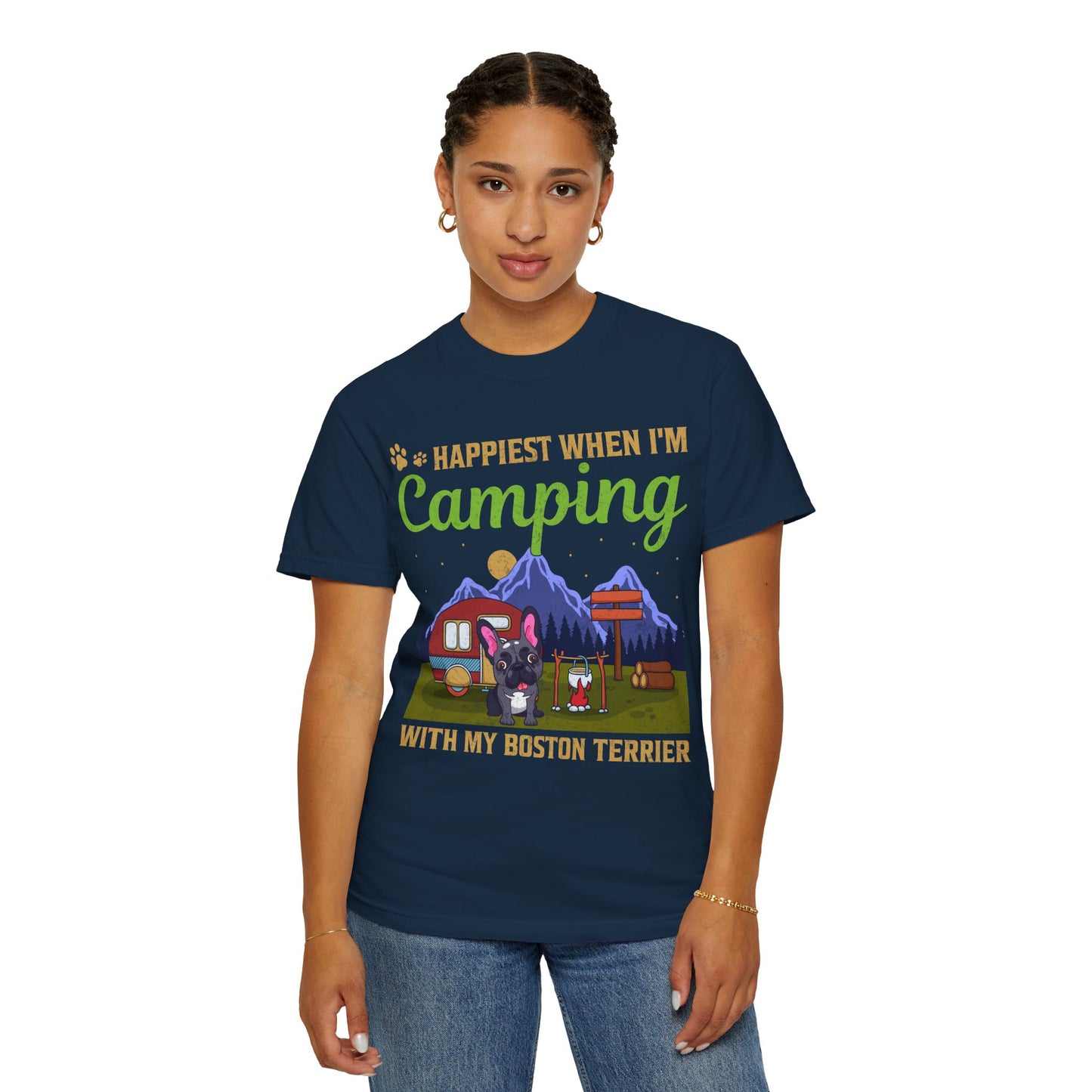 Happiest When I Am Camping With My Boston Terrier Funny Dog Lover Unisex T-Shirt