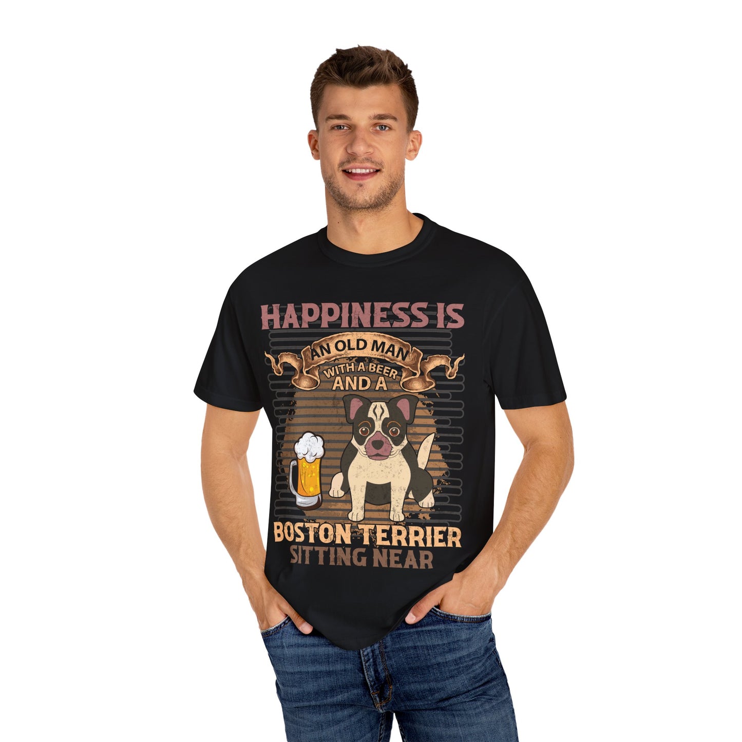 Happiness Is An Old Man With A Beer Boston Terrier Funny Dog Lover Shirt