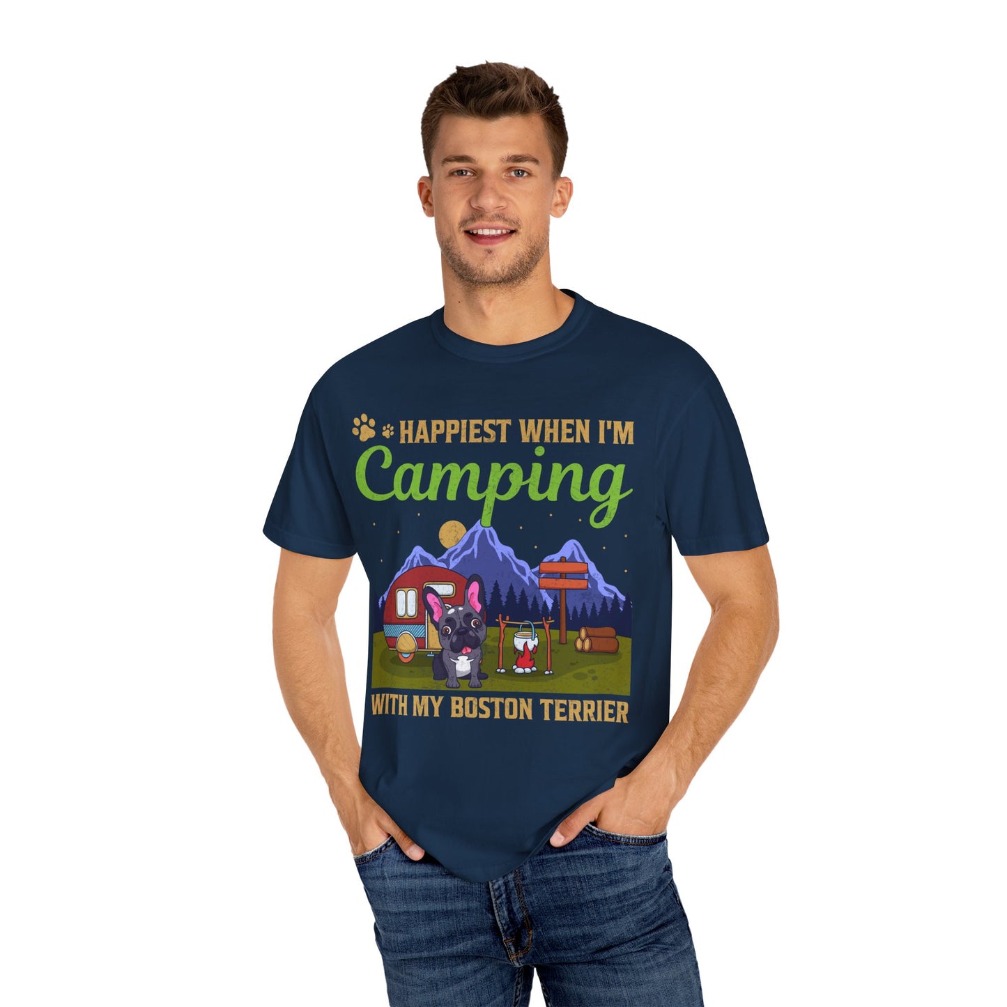 Happiest When I Am Camping With My Boston Terrier Funny Dog Lover Unisex T-Shirt