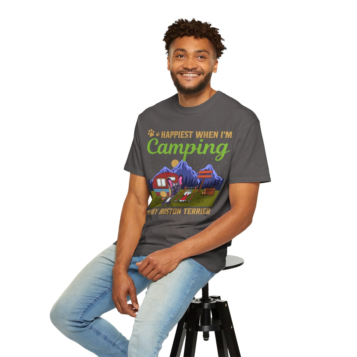 Happiest When I Am Camping With My Boston Terrier Funny Dog Lover Unisex T-Shirt
