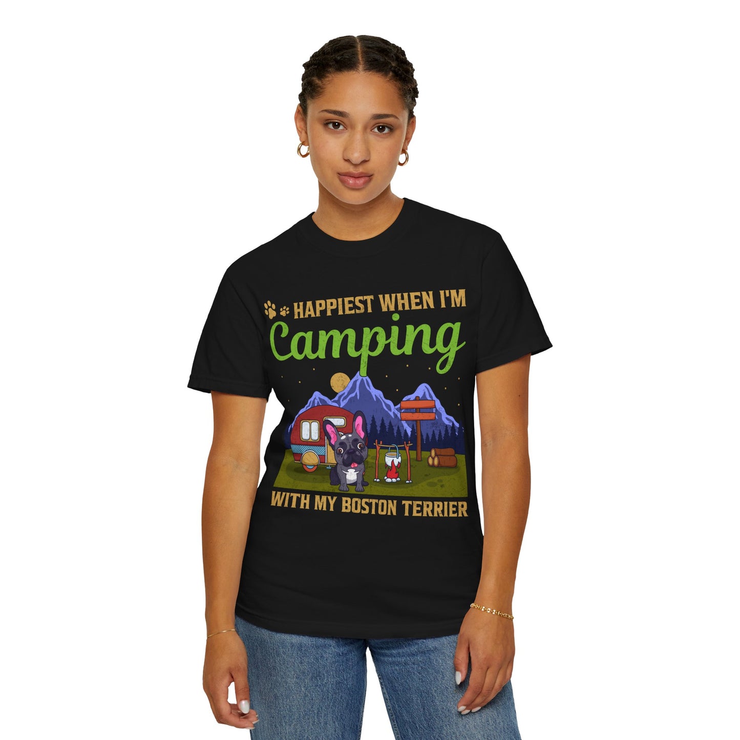 Happiest When I Am Camping With My Boston Terrier Funny Dog Lover Unisex T-Shirt