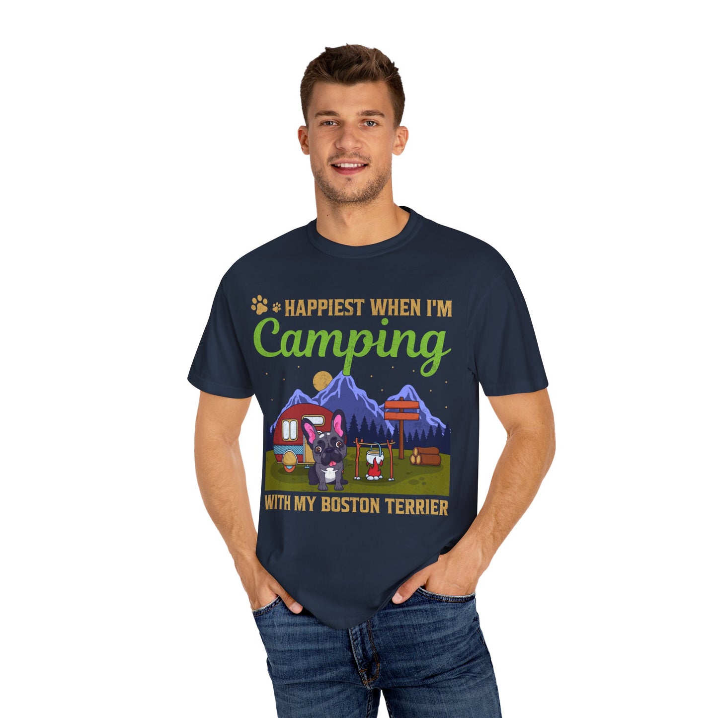 Happiest When I Am Camping With My Boston Terrier Funny Dog Lover Unisex T-Shirt