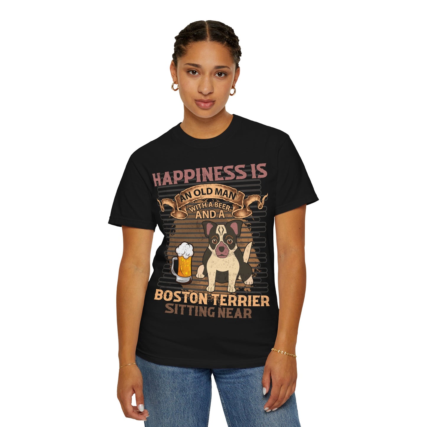 Happiness Is An Old Man With A Beer Boston Terrier Funny Dog Lover Shirt