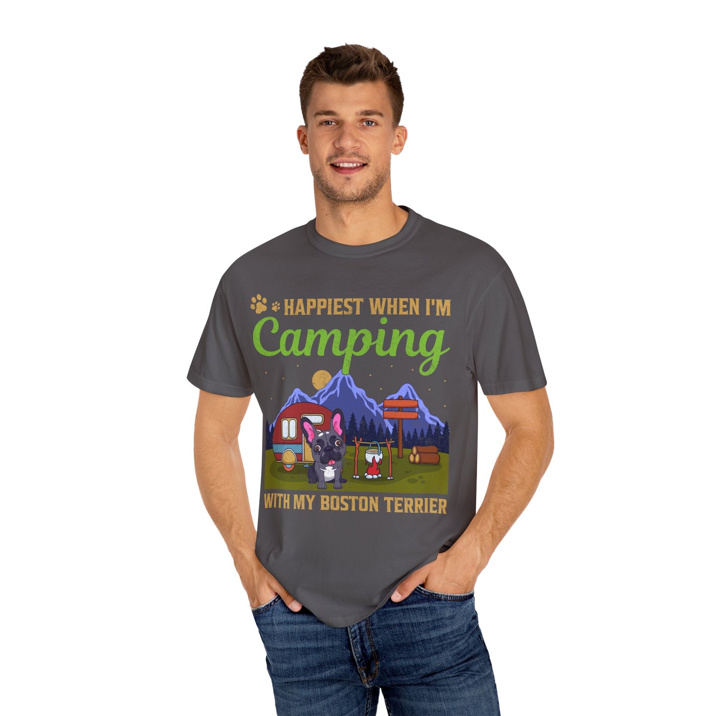 Happiest When I Am Camping With My Boston Terrier Funny Dog Lover Unisex T-Shirt