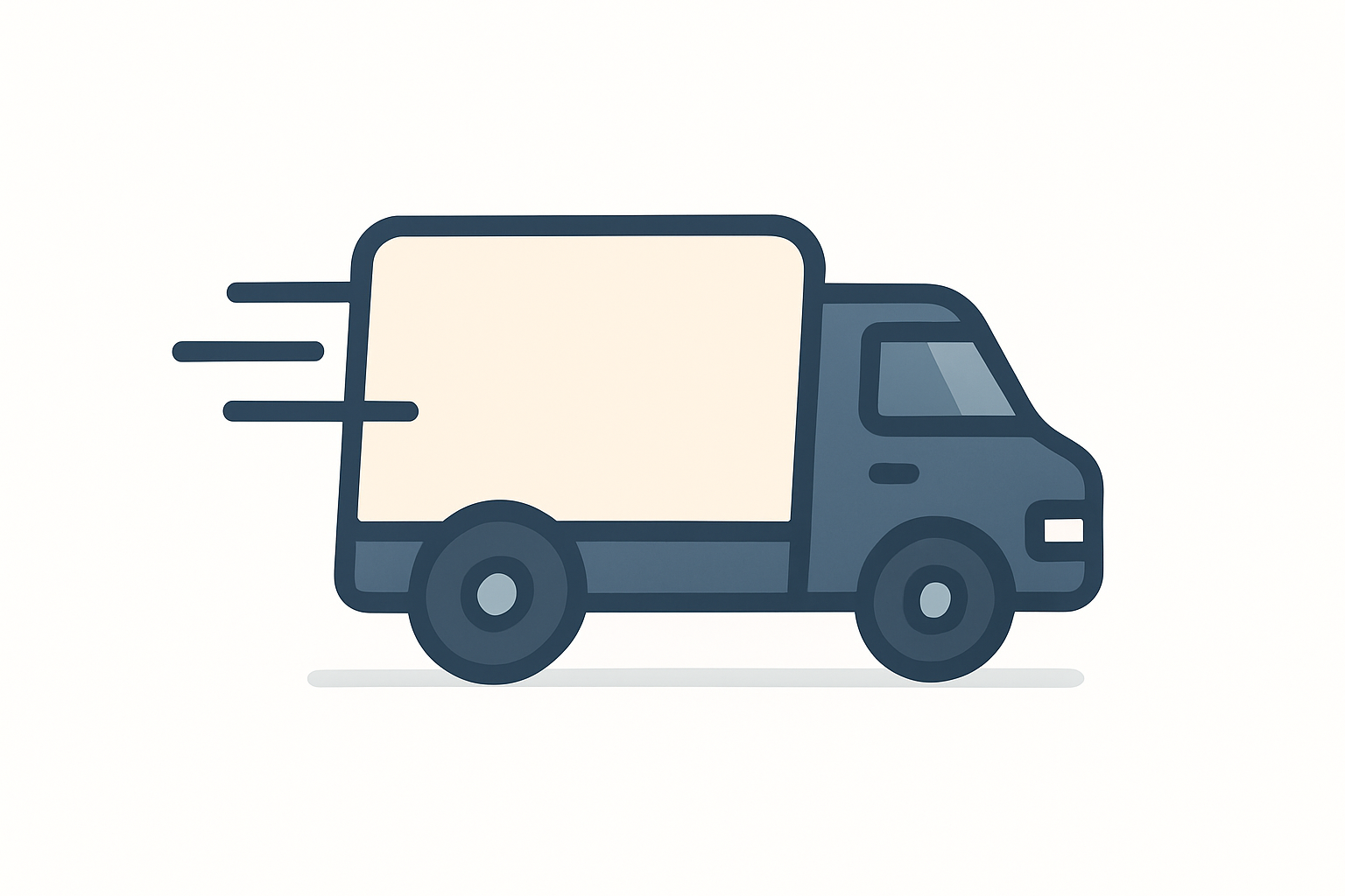 A sleek minimal flat-style illustration of a delivery truck with motion lines, symbolizing speed. Clean white background with soft shadows, modern vector design, professional e-commerce website style.