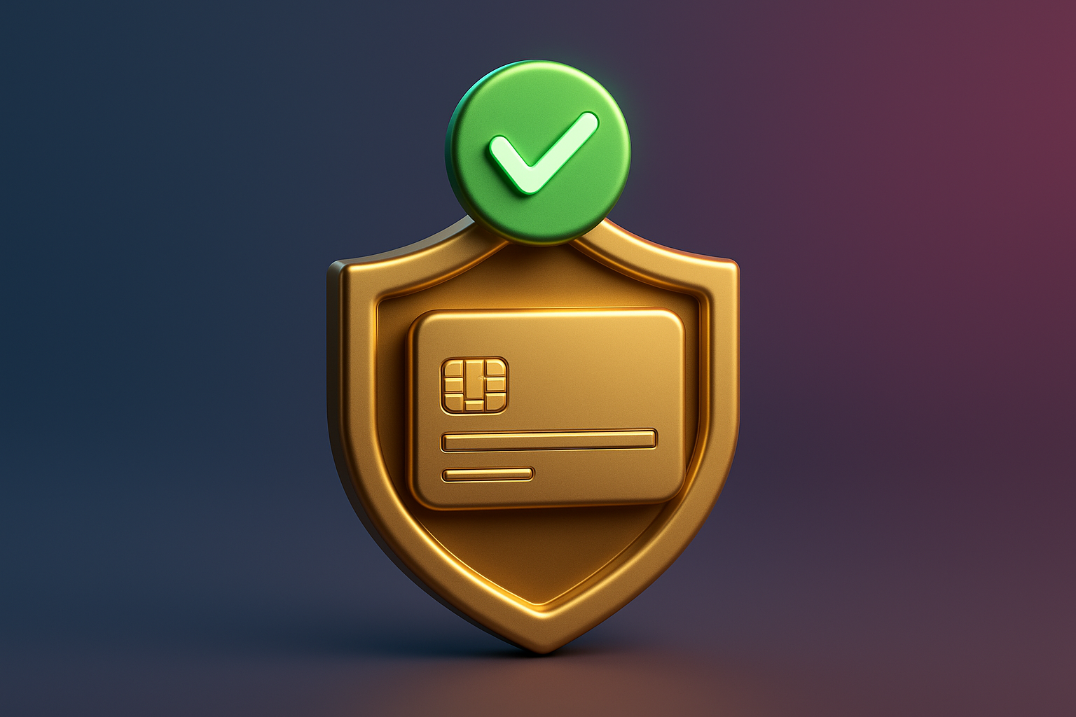 Premium 3D icon of a golden shield with a secure credit card inside, glowing checkmark symbol of trust, modern gradient background, luxury e-commerce website style, professional minimal design.